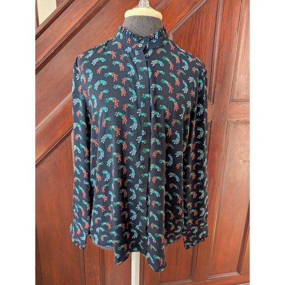 Loft Petite Womens Peacock Print Button-Up Blouse With Ruffle Collar & Cuffs LP - Picture 1 of 8